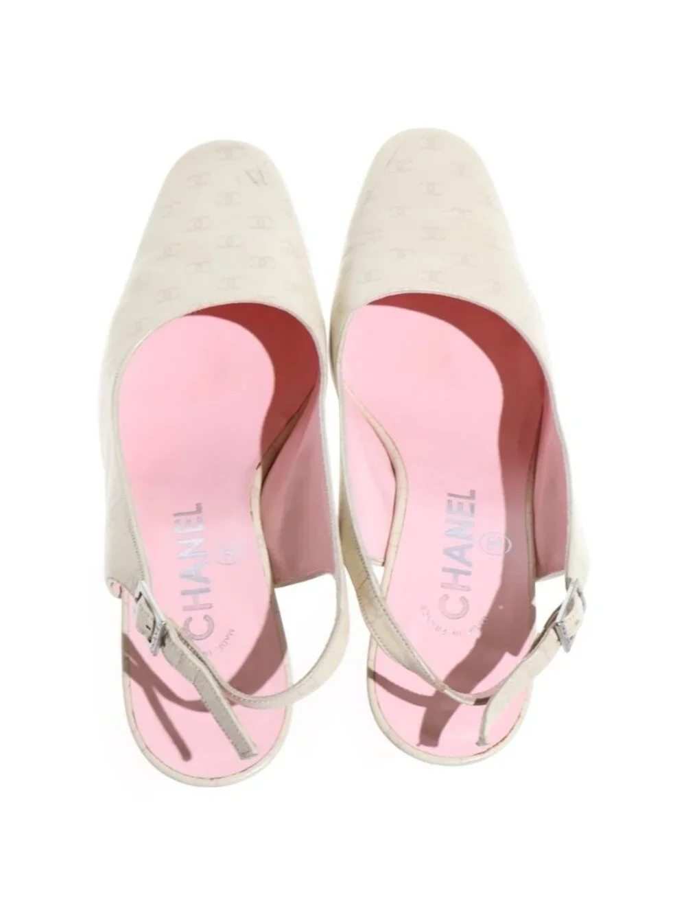 Chanel CC Logo All Over Print Leather Pumps Mules Low Heels Beige